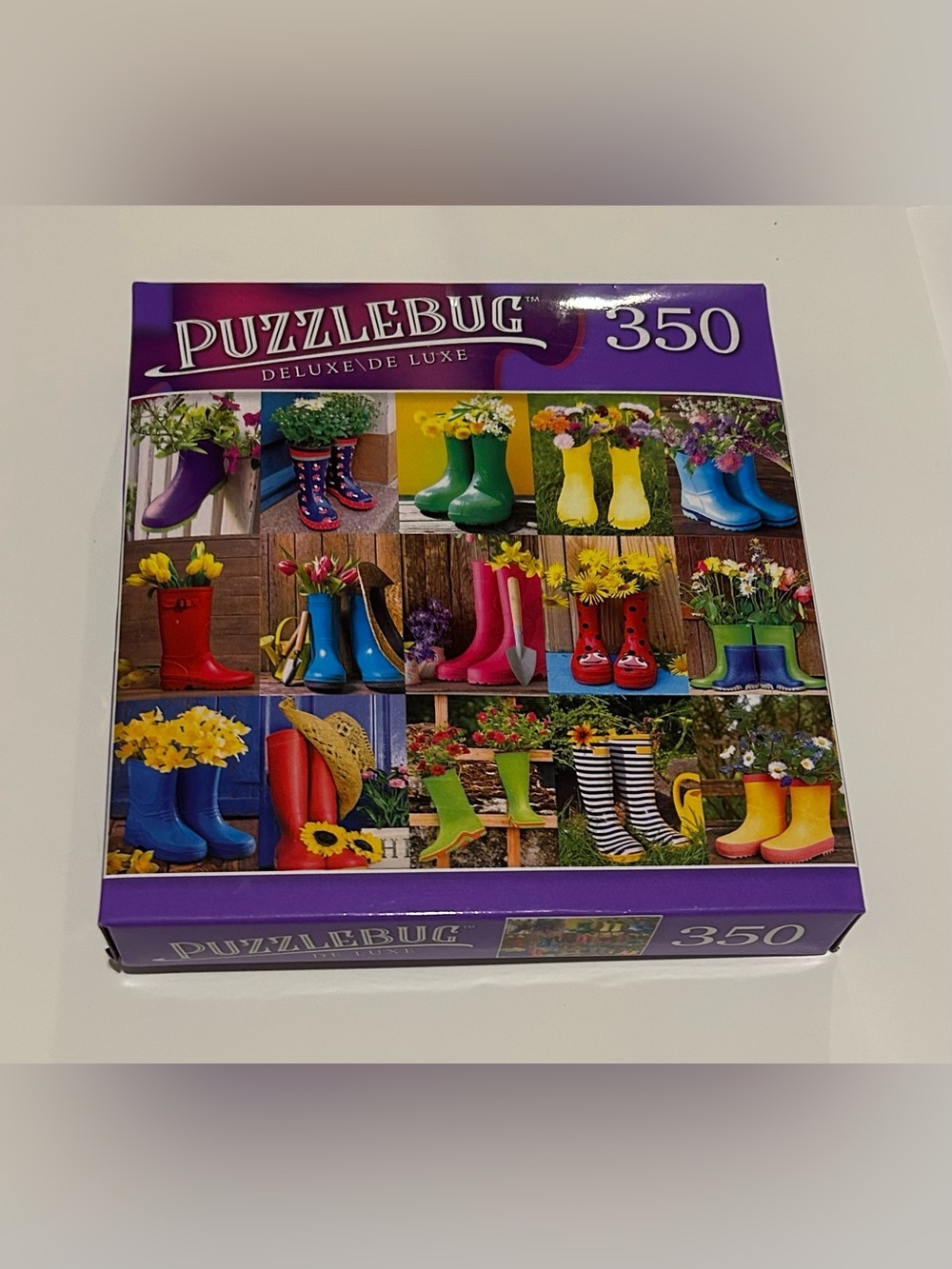 New Puzzle “Colorful Rubber Boots and Flowers” 350 Piece 20" x 12" Puzxlebug